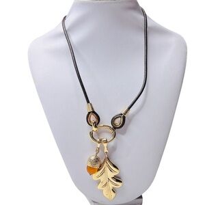 FRANCESCA VISCONTI Vintage Gold Tone Glass Ivory Amber Black Acorn Necklace